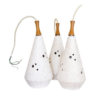 Danish Modern Ceramic Pendant Lights | White Ceramic and Teak Wood | Mid Century Set of Three For Sale