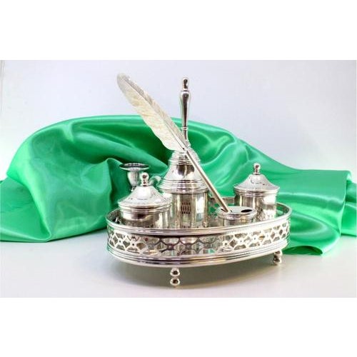 Metal Plain Silver Inkwell with Two Tanks and Pen Holder and Candlestick and Bell and Quill-Shaped Pen, Set of 7 For Sale - Image 7 of 7