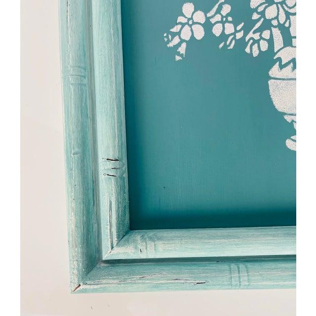 Wood Contemporary Aqua Blue & White Floral Painting in Distressed Vintage Frame - Unsigned For Sale - Image 7 of 9