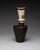 Tall German studio vase with a poised, totem-like silhouette in deep brown stoneware and a contrasting cream collar. The...