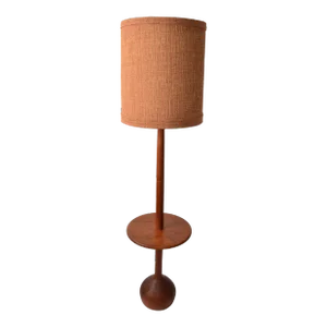 Nessen Lighting Style Turned Walnut Floor Lamp Mid-Century Modern Fabric Shade