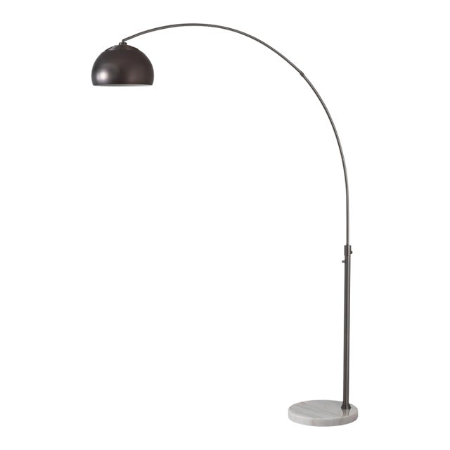 1960s Half Dome Mid Century Floor Lamp - 92" Modern Arc Lamp, Black Nickel Finish, White Marble Base For Sale
