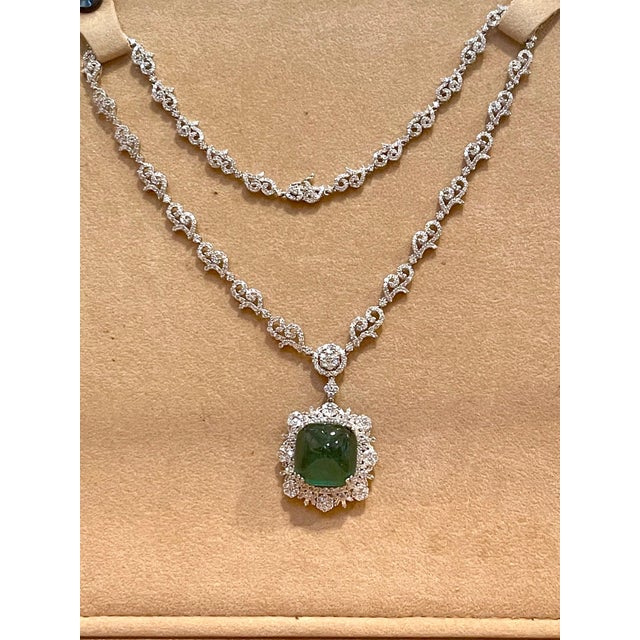 GIA 17 Ct Sugar Loaf Cabochon Colombian Emerald & 13 Ct Diamond Necklace 18KWG For Sale In New York - Image 6 of 18
