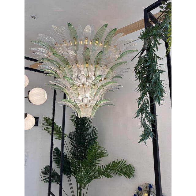 2010s Sputnik Murano Style Glass Palmetta Chandelier Clear and Green For Sale - Image 5 of 11