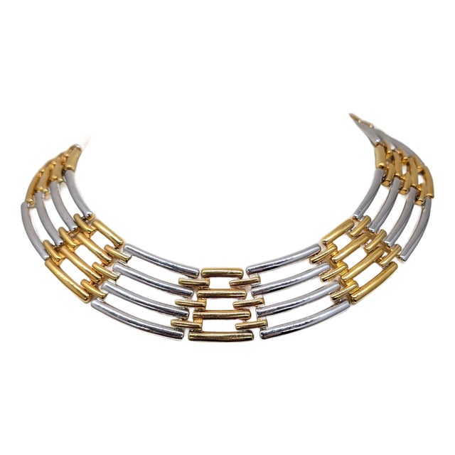 Vintage 1980s Signed Givenchy Goldtone & Rhodium Plated Interlocking Links Collar Necklace For Sale
