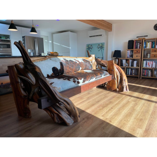 Rustic Live-Edge Handmade Sofa, Genuine Cowhide Upholstery For Sale In Los Angeles - Image 6 of 9