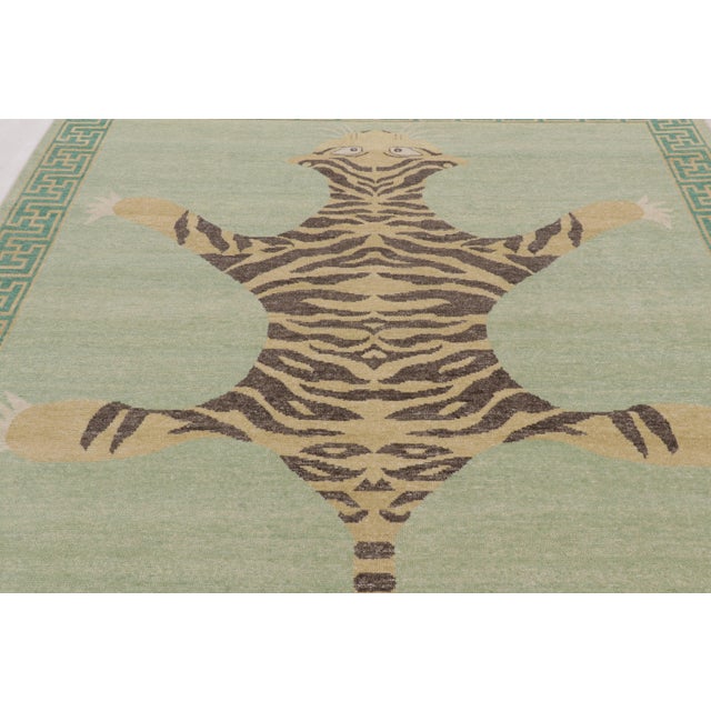 Rug & Kilim Rug & Kilim’s Distressed Tiger Rug in Green With Beige and Brown Pictorial For Sale - Image 4 of 9