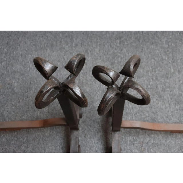 Pair of Tall Arts and Crafts Hand Forged Iron Fireplace Andirons For Sale - Image 9 of 18