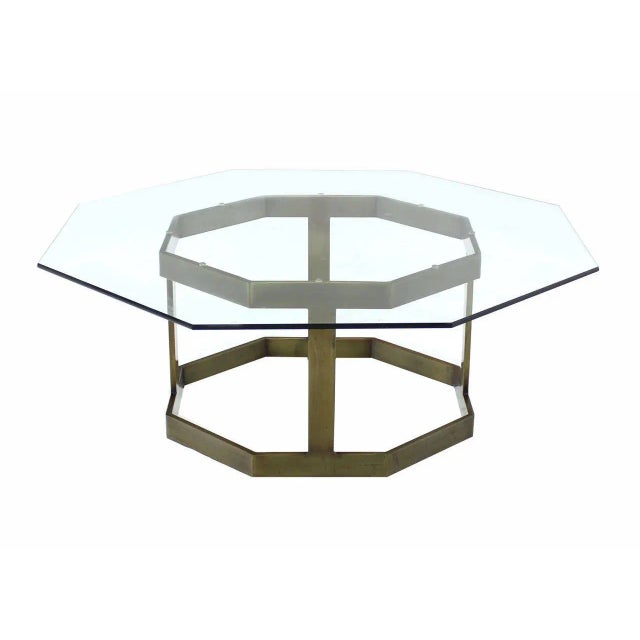 Mid-Century Modern Octagonal Brass Base and Glass Top Coffee Table For Sale - Image 6 of 7