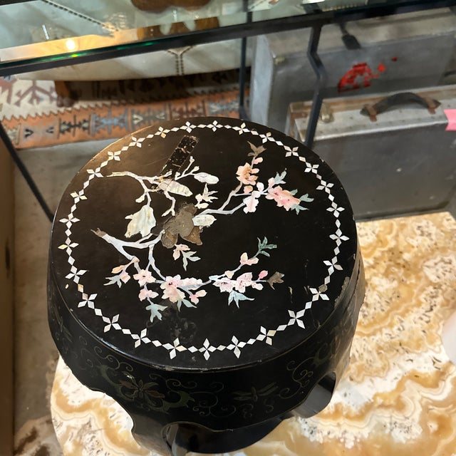 Asian Vintage Asian Style Black Wooden Plant Stand With Mother of Pearl Accents, Slight Condition Issues For Sale - Image 3 of 6