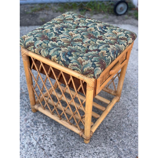 Antique Tapestry Covered Rattan Side Table For Sale - Image 4 of 9