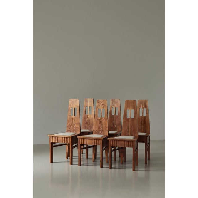 Amazing unique set of 6 Jugend Style artist dining chairs made in Finland in the early 20th century. The chairs are...