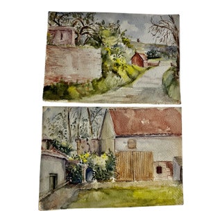 Mid 20th Century Expressionist Rural Landscape Watercolor Paintings - Set of 2 For Sale