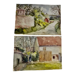 Mid 20th Century Expressionist Rural Landscape Watercolor Paintings - Set of 2