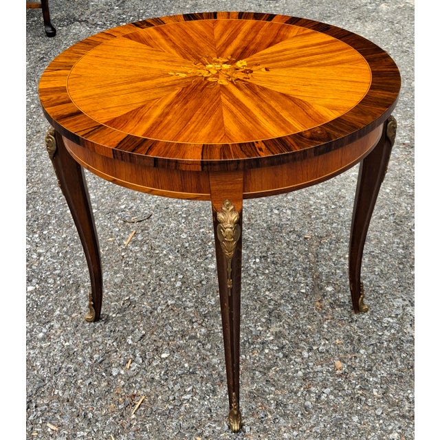 Mid 20th Century Louis XV Style Gilt Floral Marquetry Tulipwood and Kingwood Gueridon Table For Sale - Image 5 of 10