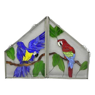 Vintage Leaded Stained Glass Red and Blue Parrot Bird Window Suncatcher - A Pair For Sale