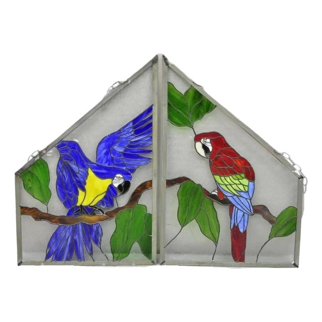 Vintage Leaded Stained Glass Red and Blue Parrot Bird Window Suncatcher - A Pair For Sale