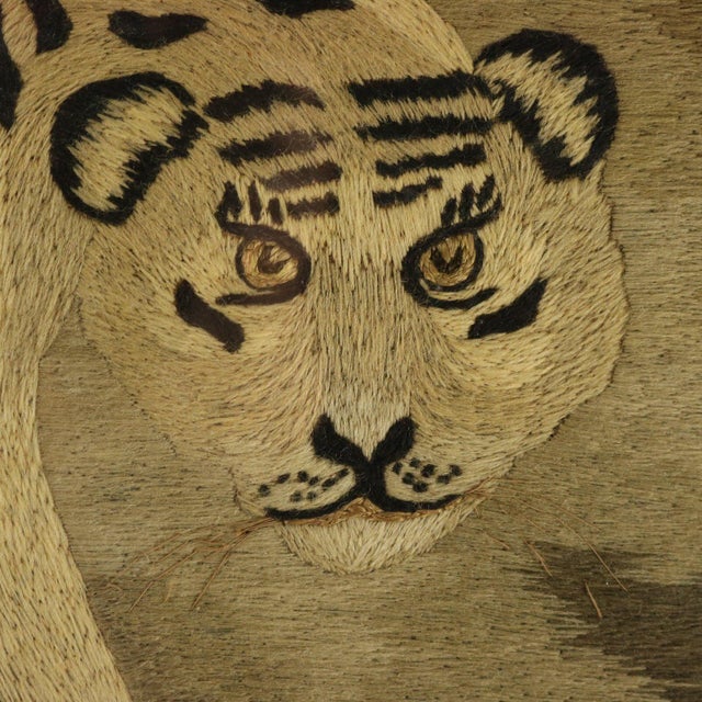 Textile Victorian Woolwork Embroidered Picture of a Tiger For Sale - Image 7 of 12