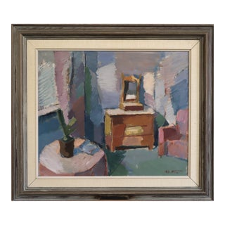 Mid-Century Modern 'The Pastel Room' Original Swedish Expressive Interior Scene Oil Painting, Framed For Sale