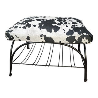 Mid Century Modern 60’s Black Metal Stool With Faux Cowhide Seat For Sale