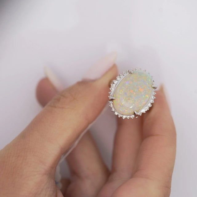 7.86 Carat Natural White Opal and Diamond Halo Platinum Ring For Sale - Image 11 of 12