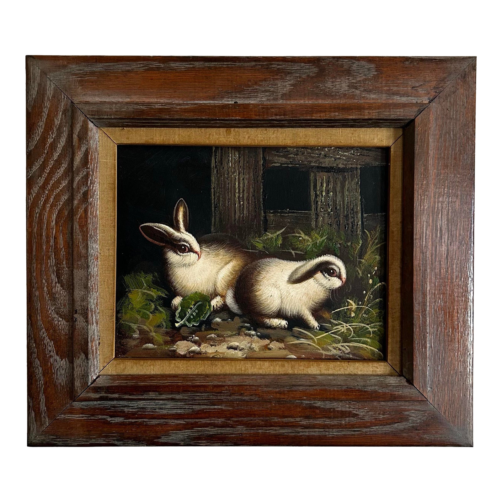 Vintage Oil Painting of Two Rabbits in Vintage Wood Frame | Chairish