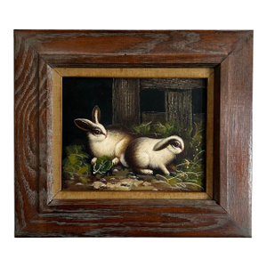 Vintage Oil Painting of Two Rabbits in Vintage Wood Frame