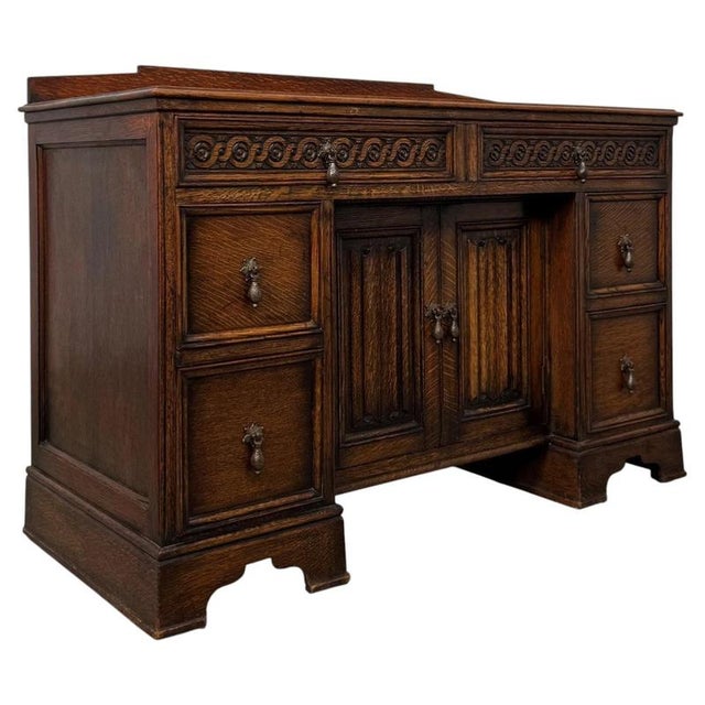 Antique Early 20th Century English Edwardian Carved Oak Desk For Sale - Image 6 of 13