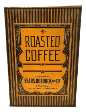Early 20th Century Roasted Coffee 25 Lb Tin Sears Roebuck & Co. Chicago Store Coffee Display