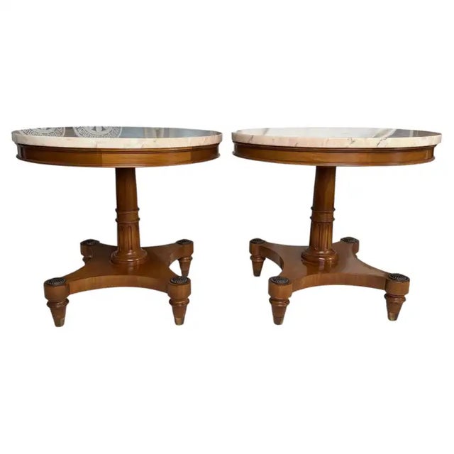 Mid-Century Modern Pair of Weiman "Heirloom" Round Mahogany and Marble Pedestal Side Tables, MCM For Sale - Image 3 of 13