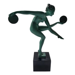 Marcel Bouraine (Derenne), French Art Deco Nude Disc Dancer Pagan Dance Figurine, 1920s, Metal and Marble For Sale