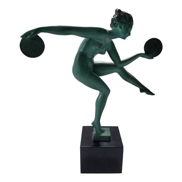 Marcel Bouraine (Derenne), French Art Deco Nude Disc Dancer Pagan Dance Figurine, 1920s, Metal and Marble For Sale