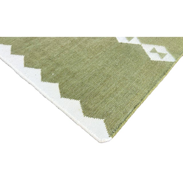 Handmade New Zealand Wool Dhurrie Runner, Olive Green and Cream Geometric Runner Rug- 3'x8' For Sale - Image 10 of 13