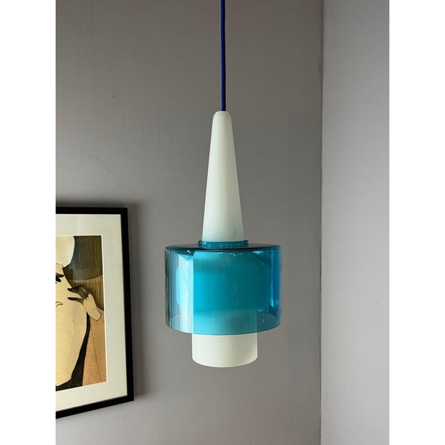 Blue and White Opal Glass Pendant Lamp by Hyllinge Glasbruk For Sale - Image 11 of 11