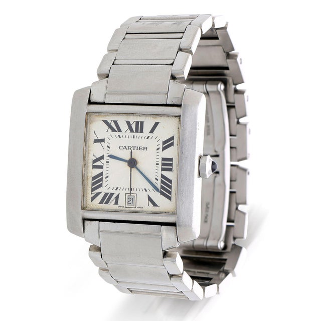 1990s 1990s Cartier Tank Francaise 2302 Large Steel Guilloche Roman Dial Blue Hands Watch For Sale - Image 5 of 12