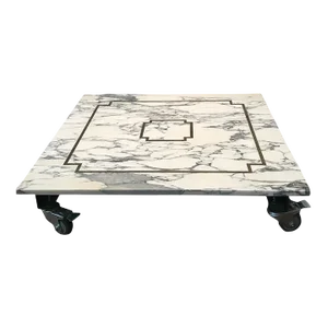 Inlay Brass Gold Calacatta Marble Coffee Table on Wheels