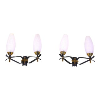 Mid 20th Century Mid-Century Modern Maison Arlus, Black Brass and Opaline Sconces, France - A Pair For Sale