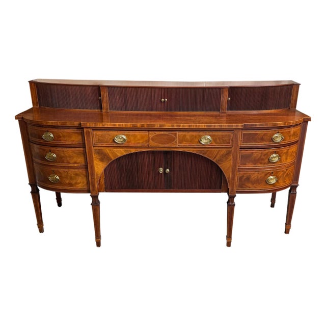 English Georgian Revival Mahogany & Satinwood Inlaid Tambour Sideboard, Late 19C For Sale