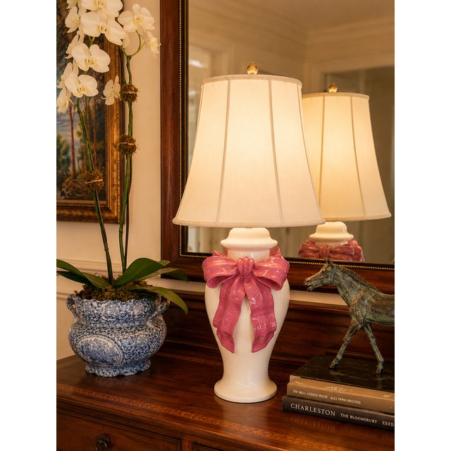 Traditional 1980s Pair of Authentic BetLar Inc. White Ceramic With Pink Ribbon Bow Table Lamps For Sale - Image 3 of 6