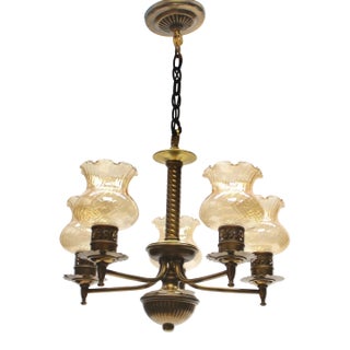 Antique 5 Arm Chandelier | Opalescent Amber Glass Shades For Sale