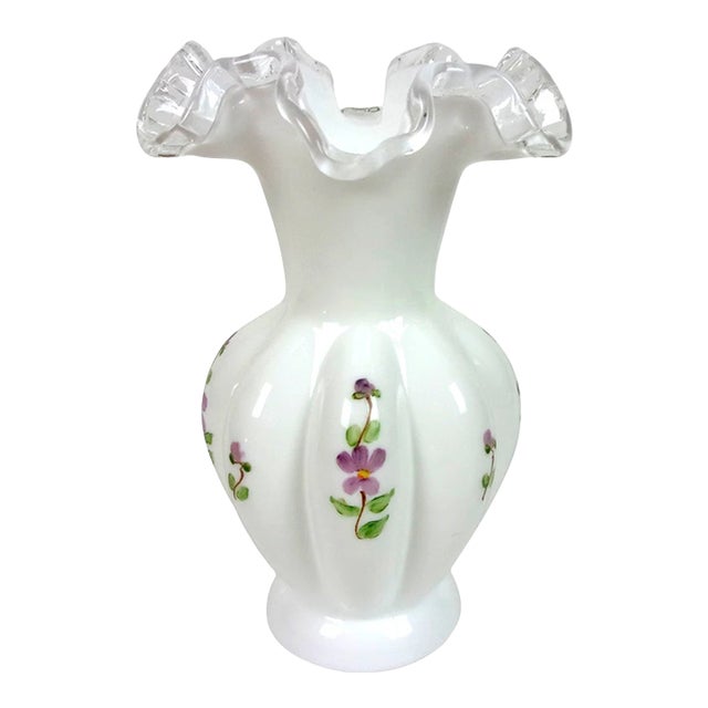 Vintage Late 1960s Fenton "Violets in the Snow" Silver Crest Melon Vase For Sale