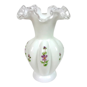 Vintage Late 1960s Fenton "Violets in the Snow" Silver Crest Melon Vase
