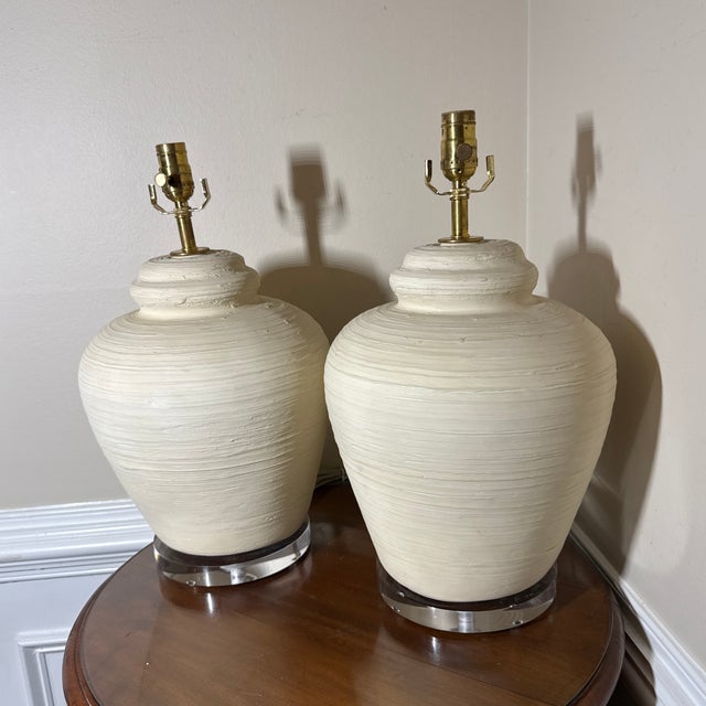 Mid-Century Modern 1970s Danish Large Beehive Table Lamps on Lucite Signed - a Pair For Sale - Image 3 of 6