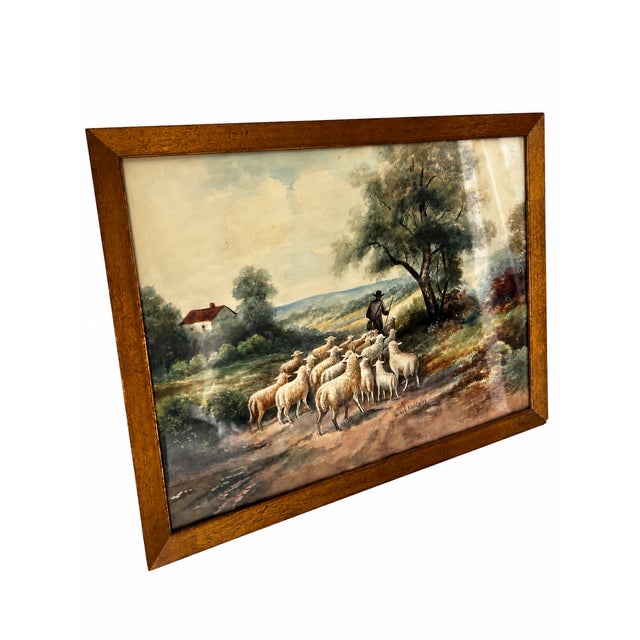 A Shepherd’s Path — Vintage Framed Pastoral Landscape With Sheep Oil Painting For Sale - Image 4 of 7