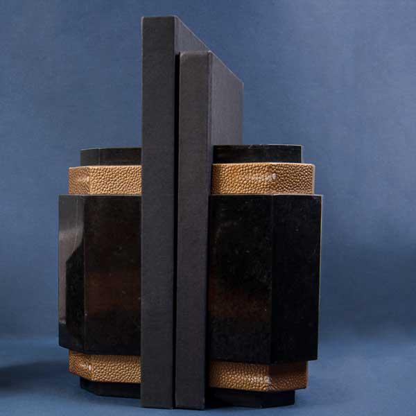 Art Deco Neo Deco Stone Inlay and Shagreen Effect Leather Bookends - a Pair For Sale - Image 3 of 4