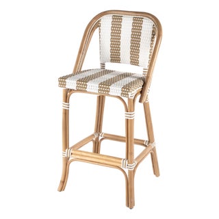 Lila Rattan 28 in. Seat Height Bar Stool with Back and Footrest, Beige and White For Sale