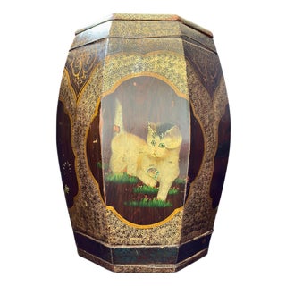 Mid 20th Century Unusual Kitten & Goldfish Octagonal Rice Barrel Hand-Painted Lacquer Wood 17.5" For Sale
