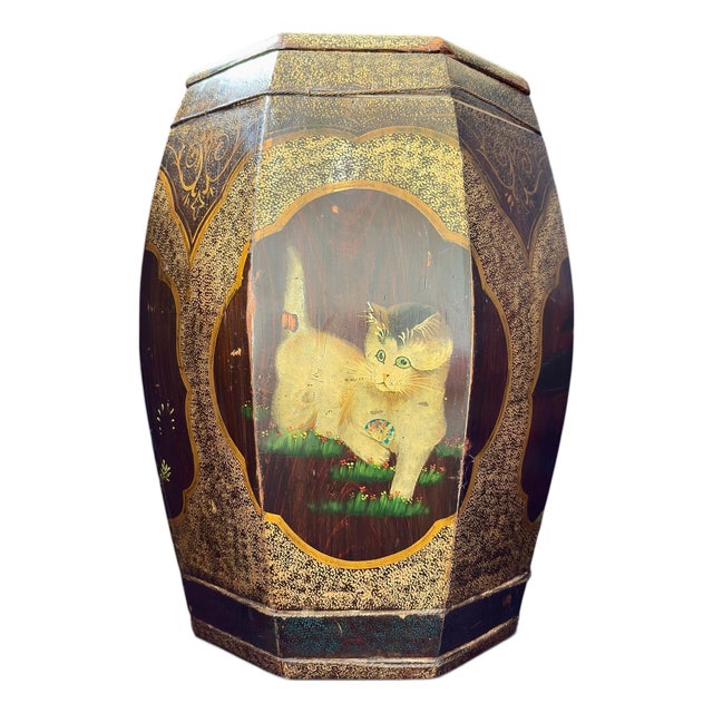 Mid 20th Century Unusual Kitten & Goldfish Octagonal Rice Barrel Hand-Painted Lacquer Wood 17.5" For Sale