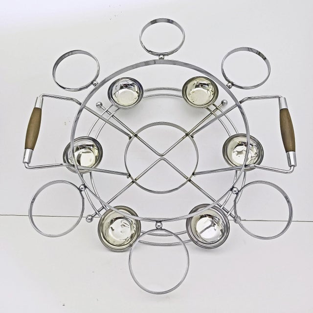 Mid-Century Modern Mid 20th Century Dorothy Thorpe Style Silver Rim Punch Bowl & Chrome Stand With Teak Handles For Sale - Image 3 of 6