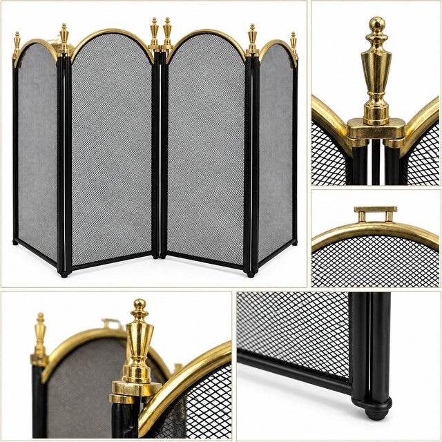 A sophisticated vintage fireplace screen with a dramatic architectural presence. The piece features a multi-panel folding...